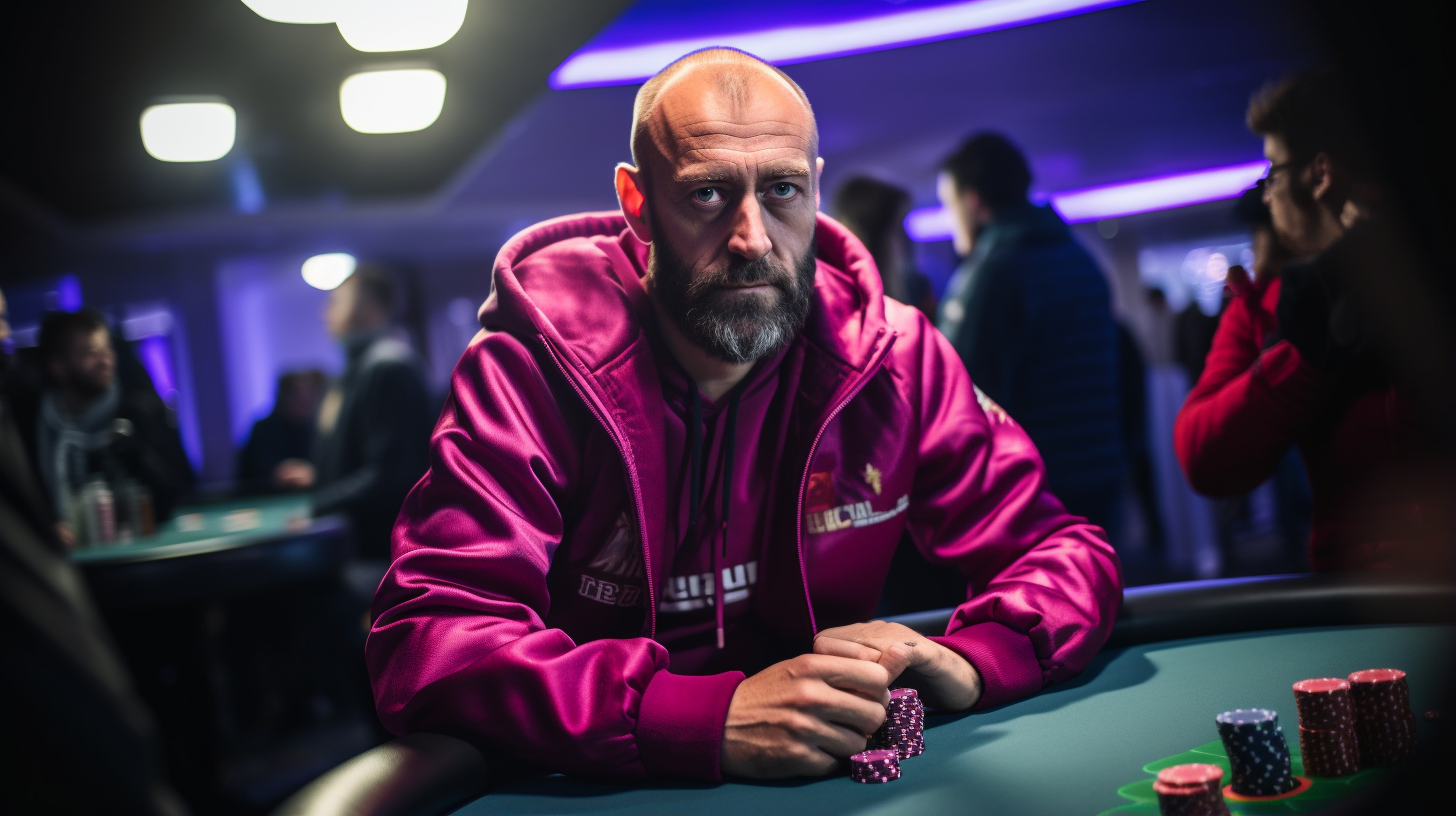 Stephen Chidwick tries on the purple Poker Masters...